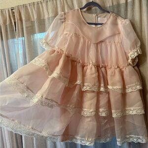 Selkie Babydoll Sleeper Tiered Pink Layered Dress with Lace Trim